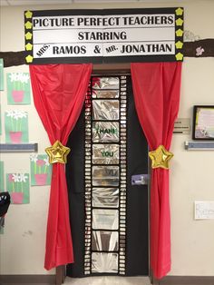 the front door to a classroom decorated with red curtains and gold stars, which reads picture perfect teachers starting ramon's & mr jonathan