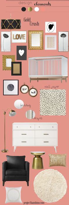 a pink room with black and white furniture, gold accents and pictures on the wall