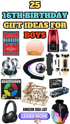 the birthday gift ideas for boys are on display in front of a white background with black and