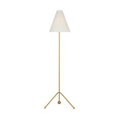 a floor lamp with a white shade on the top and a gold metal base,