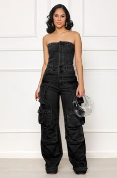 Mineral Wash: Black Jumpsuit Sleeveless Backless Zipper & button up closure Wide leg Long Leg 98% polyester 2% cotton Hand wash cold Model is 5’6 Model is wearing a small AVAILABLE FOR PRE ORDER ONLY Black Denim Jumpsuit Outfit Black Women, Denim Jumpsuit Black Women, Birthday Jumpsuit Black Women, Black Jean Jumpsuit Outfit, All Black Denim Outfit, Denim Romper Outfit Jumpsuits, Overalls Outfit Black Women, Black Denim Jumpsuit Outfit, Black And Denim Outfits