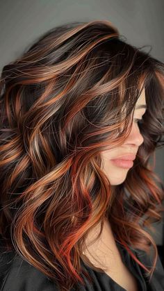 Brunette Red Balayage Caramel Highlights, Brown Hair And Copper Highlights, Fall Hair Red Highlights, Balayage Hair And Highlights, Dark Hair With Red Highlights Balayage, Dark Red Hair With Balayage, Hair Inspo Color Fall, Fall Brown Red Hair, Red Ombre Balayage Hair