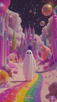 a white ghost standing in front of a castle surrounded by rainbow colored bubbles and confetti