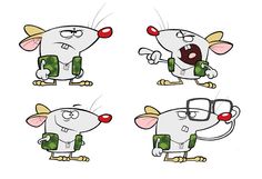 four cartoon mouses with different expressions, one pointing at the camera and another holding something in his hand