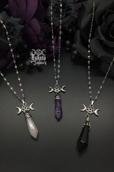 Moon Crystal Necklace, Triple Moon Goddess, Crystal Point Necklace, Triple Moon, Moon Crystal, Moon Goddess, Moon Charm, Quartz Points, Crystal Gems