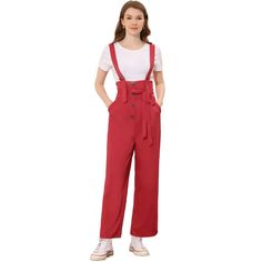 Show your casual laid-back vibes in this cute straight-fit overall jumpsuit. This woven overall jumpsuit features a low square neckline, shoulder straps, a partial button-front placket, a removable self-tie at the waist, a wide leg, and a relaxed silhouette. Soft fabric makes this overall jumpsuit comfortable to wear. It makes you beautiful with fashion and classic design and makes you stand out in the crowd. This loose-fit overall jumpsuit suit is for most ladies, you can pair it with a T-shirt Casual Red Jumpsuits And Rompers For Work, Trendy Overalls With Adjustable Straps, Trendy Jumpsuit With Adjustable Straps And Bib Front, Trendy Jumpsuits With Adjustable Straps And Bib Front, Casual Wide Leg Jumpsuits And Rompers With Button Closure, Casual Wide-leg Jumpsuits And Rompers With Button Closure, Casual Red Solid Color Jumpsuits And Rompers, Casual Red Jumpsuits And Rompers, Casual Red Jumpsuit And Romper