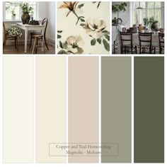 the color scheme for this dining room is neutral and has lots of flowers on it