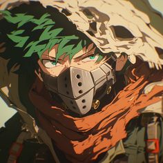 an anime character with green hair wearing a mask