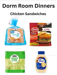 different types of food are shown with the words dorm room dinners chicken sandwiches