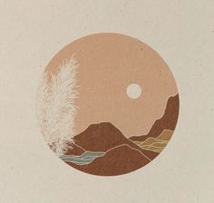 an image of a tree and mountains in a circle