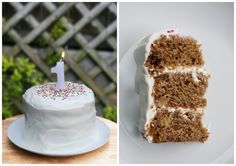 two pictures one has a slice of cake and the other has a single candle on it