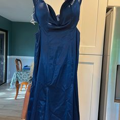 New Royal Blue Gown With Tag Blue Satin Gown With Sweep Train, Blue Satin Floor-length Gown, Blue Homecoming Dress With Fitted Bodice, Royal Blue Satin Dress With Fitted Bodice, Blue Satin Bridesmaid Gown, Blue Satin Evening Dress With Sweep Train, Blue Fitted Satin Gown, Elegant Royal Blue Homecoming Gown, Blue Satin Floor-length Dress