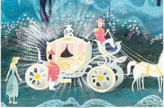 an illustration of two people riding in a horse drawn carriage with a princess on it