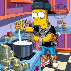 the simpsons is cooking in his kitchen with money on the counter and he's wearing a black hat