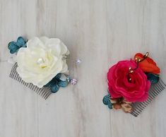 White gardenia bridal Hair comb Adornments Bridesmaid teal magenta silver rhinestones headpiece Vow Renewal Destination Wedding accessories