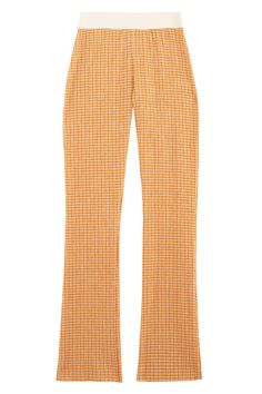 High rise straight leg pant in a lightweight, gingham fabric. Contrasting elastic waistband. Gingham fabric 69% polyester, 30% cotton, and 1% polyurethane. Ella is 6' tall, 35" bust, 26" waist, 36" hip, and is wearing a size XS. Fitted Straight Leg Pants With Houndstooth Pattern, Fitted Houndstooth Straight Leg Pants, Fall Gingham Trousers, Trendy Wide Leg Gingham Pants, Plaid Straight Leg Pants For Spring, Chic Gingham Bottoms For Fall, Chic Gingham Pants For Fall, Gingham Trousers For Fall, Fitted Gingham Pants For Fall