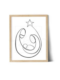 a black and white drawing of a face with stars on the forehead, in a wooden frame