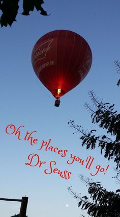 a red hot air balloon flying through a blue sky with the words at the places you'll go dr sess