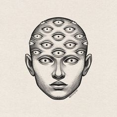 a drawing of a man's head with many circles in the shape of eyes