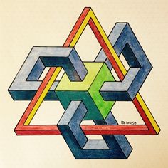 a drawing of an interlocked geometrical design with colors and shapes in the middle