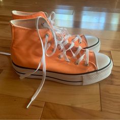 Converse Chuck Taylor, High Cut Converses. Never Worn Outside And One Small Scuff That Is Pictured. Size 9.5. Super Cute And Comfortable Orange Converse, Cute Converse, Shoes Converse, Orange Shoes, Converse Chuck Taylor High, Womens Converse, Converse Chuck, High Cut, Converse Shoes