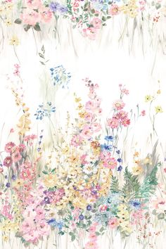 watercolor painting of flowers and grass on white background