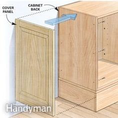 the cabinet door is open and labeled with measurements