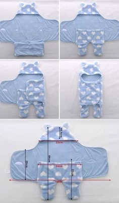 the instructions for how to make a baby bib with blue and white clouds on it