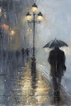 People With Umbrellas Rainy Days, Rainy Sky Painting, Painting Shadows And Light, Rainy Window Drawing, Loneliness Abstract Painting, How To Paint Rain, Raining Drawing, Rainy Night Painting, Nature Painting Images