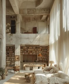 a living room filled with lots of furniture and bookshelves