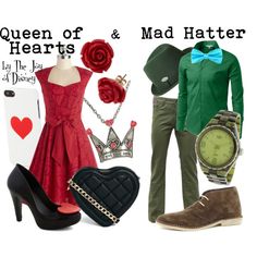 the queen of hearts and mad hatter is dressed in green, red, and brown