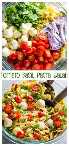 two pictures showing different types of pasta salads in glass bowls, one with tomatoes and the other topped with mozzarella