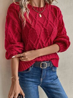 Women Casual Cable Knit Crew Neck Oversized Fall Sweater, Autumn/Winter Red Casual  Long Sleeve Fabric Plain Pullovers Slight Stretch  Women Clothing, size features are:Bust: ,Length: ,Sleeve Length: Sweater Preppy, Womens Knit Sweater, Oversize Pullover, Christmas Outfits Women, Women Crew Socks, Pullover Outfit, Winter Outfit Inspiration, Wool Clothing, Red Sweater