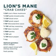 the recipe for lion's mane crab cakes is shown on a white plate with lemon wedges and parsley