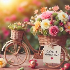 a bicycle with flowers in the basket and a sign that says good morning