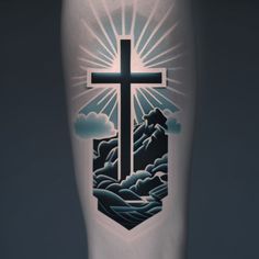 a cross on the side of a leg with clouds and sun rays coming through it