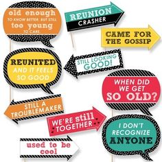 a bunch of different colored signs with some words on them in the shape of speech bubbles