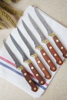 five knives are lined up in a row on a napkin next to some dried plants