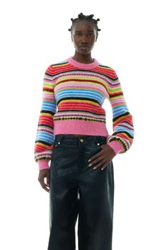 This Striped Soft Wool O-neck Sweater is designed in a regular fit and features an O-neckline, striped print, balloon sleeves, ribbed edges and an embroidered GANNI logo. GANNI Striped Soft Wool O-neck Sweater | Women's Size XL Ganni Sweater, Jeans Boots, Sweater Women's, Floral Shoes, Buckle Shoes, Tshirt Skirt, Soft Wool, Shirt Skirt, Clothing Dresses