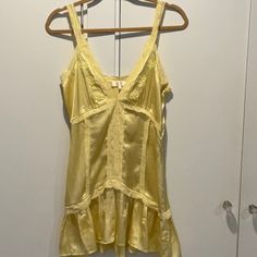 Accepting Offers! Silk Dress Perfect Condition Size 8 (Runs Small) No Returns, As Seen Condition Flowy Yellow Bohemian Mini Dress, Yellow Embellished Silk Dress, Yellow Vintage Silk Dresses, Yellow Slip Dress, Yellow Loveshackfancy Dress, Yellow Vintage Beach Mini Dress, See Threw, Dress Yellow, Dance Dresses