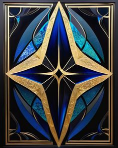 a blue and gold stained glass window with an intricate design in the center, on black background