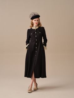 "Introducing this exquisite wool dress from our 2023 AW collection, designed to captivate with its vintage charm and elegant details.  Crafted from luxurious wool, this dress offers a cozy yet stylish option for chilly days.  The combination of the vintage-inspired metal buttons and the whimsical ruffles will transport you to a bygone era, evoking a delightful sense of nostalgia. This wool dress will have you reveling in life's little pleasures, whether you're strolling along the cobblestone streets or sipping tea in a cozy café. 【Fabric】 Wool. Fully lined. 1)THE MOST DURABLE We use only the longest fibers, averaging 39-42mm long. That's about 30% longer than regular Grade A wool. The longer the fiber, the longer your clothes lasts. 2) 100% CLEAN ENERGY Clean energy powered production. fac Luxury Vintage Winter Dresses, Luxury Wool Winter Dress, Winter Wool Dress, Wool Sweater Dress, Military Dresses, Wool Knitted Dress, Victorian Blouse, Handmade Skirts, Cocktail Dress Vintage