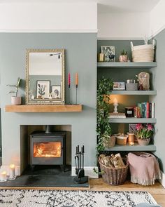 (ad) gray sofa bustling room ideas  best ways to style a versatile ... Alcove Ideas Living Room, Log Burner Living Room, Snug Room, Living Room Renovation, Cosy Living, Living Room Decor Fireplace, Cottage Living Rooms