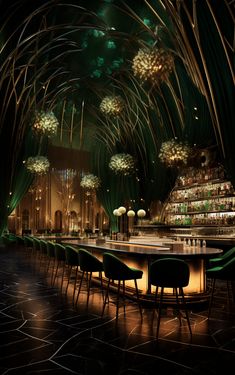 an artistic rendering of a bar with green chairs and chandeliers hanging from the ceiling