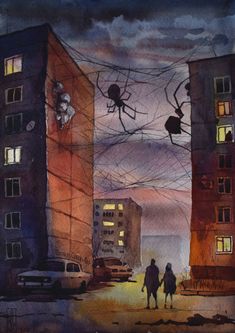 two people are walking in front of some buildings with spider webs on the windows