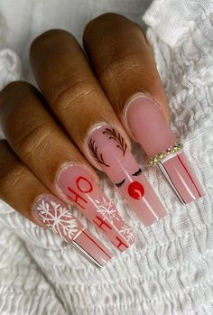 Matching Christmas Nails, Long Winter Nails, Christmas Acrylic Nail Designs, Christmas Themed Nails, Christmas Present Nails