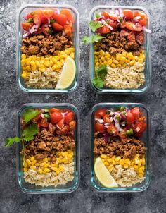 four glass containers filled with different types of food and garnished with cilantro