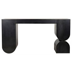 a black console table with an oval shaped base and two curved bases on each side