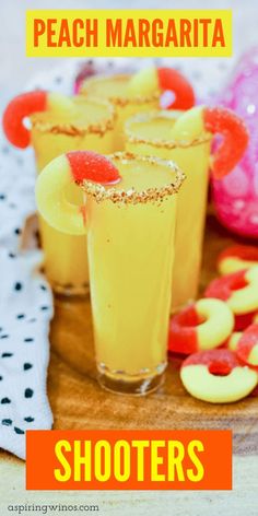 peach margarita shooters with text overlay that reads peach margarita shooters