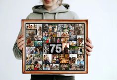 a woman holding up a framed photo collage with the number seventy seven in it